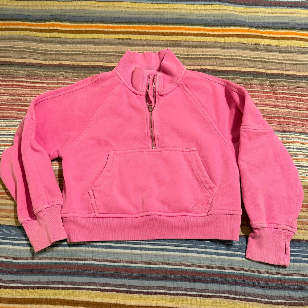 GAP Kids Pink Quarter‎ Zip Sweatshirt Pullover Cropped Thumbhole Size S 6 7
